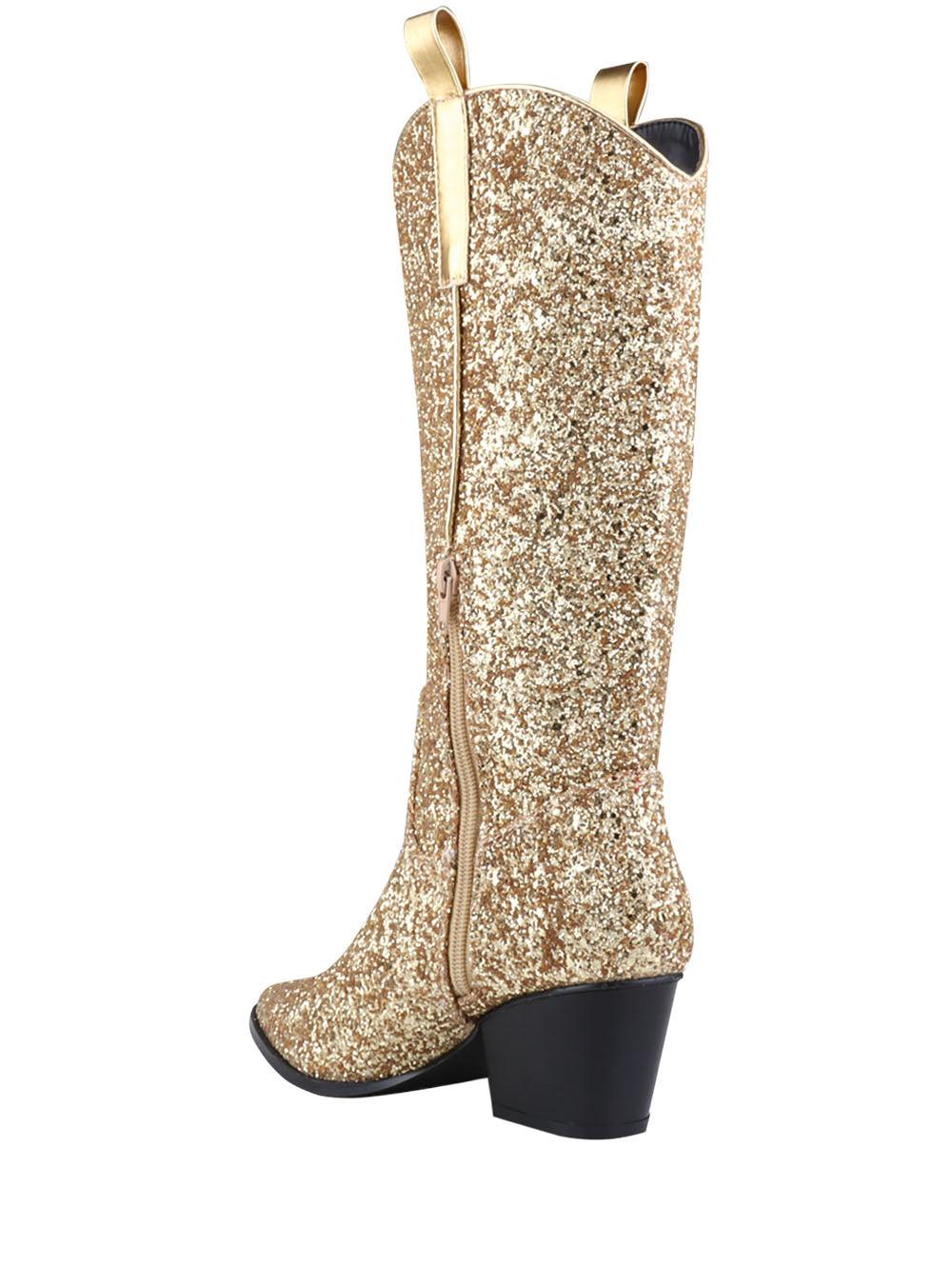 Shimmery gold vegan leather and flecked finish women's boots with block heel-posterior view