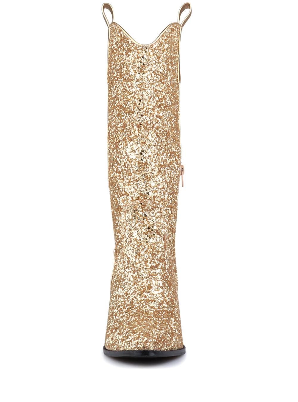 Shimmery gold vegan leather and flecked finish women's boots with block heel-front view