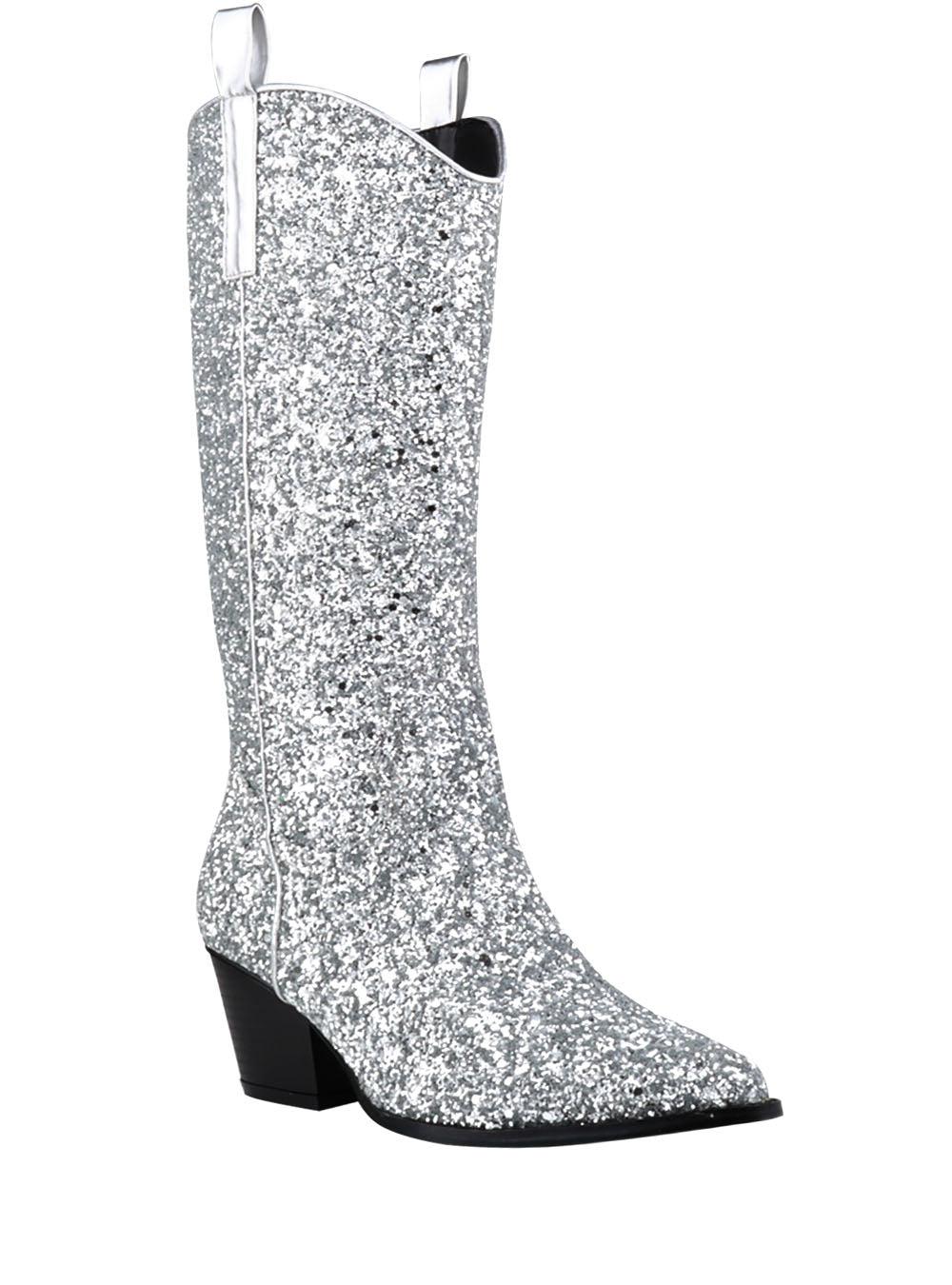 Shimmery silver vegan leather and flecked finish women's boots with block heel-corner view