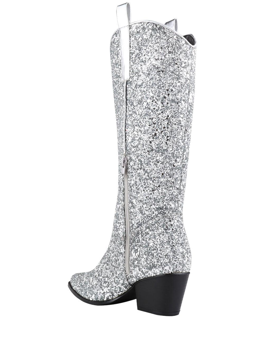 Shimmery silver vegan leather and flecked finish women's boots with block heel-posterior view