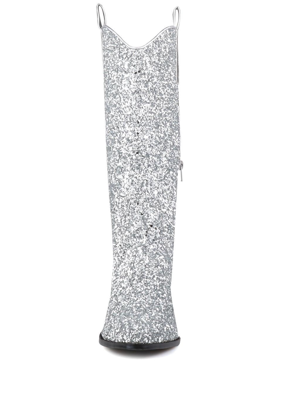 Shimmery silver vegan leather and flecked finish women's boots with block heel-front view