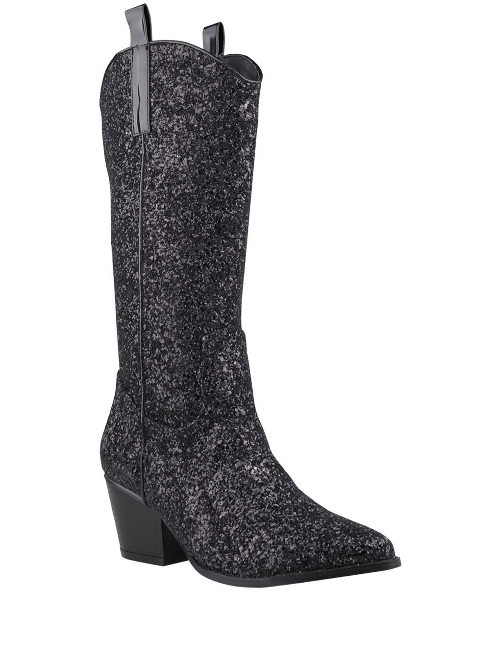 Shimmery black vegan leather and flecked finish women's boots with block heel-corner view