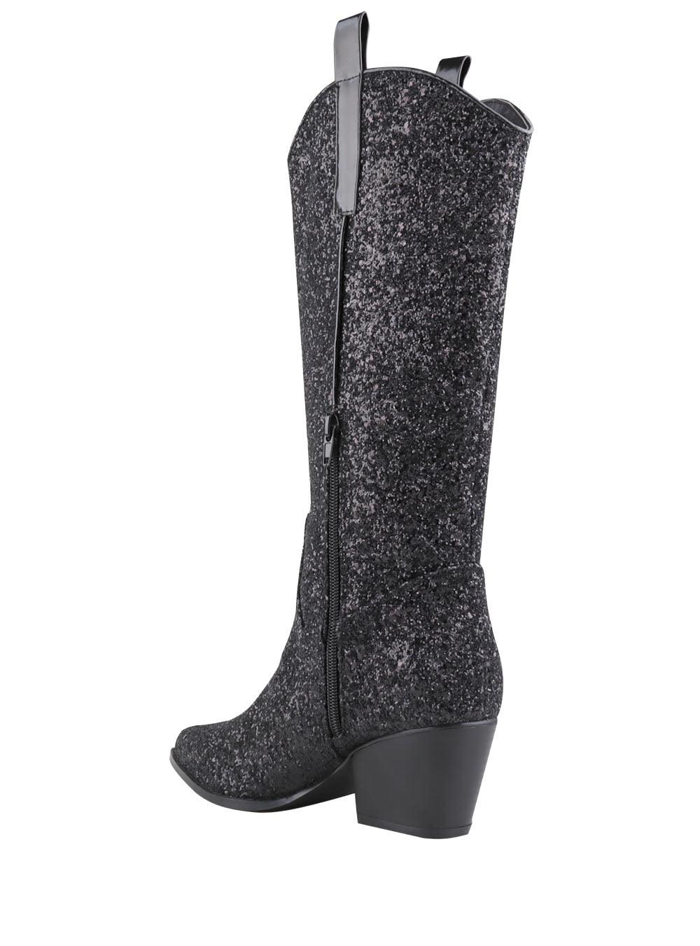 Shimmery black vegan leather and flecked finish women's boots with block heel-posterior view