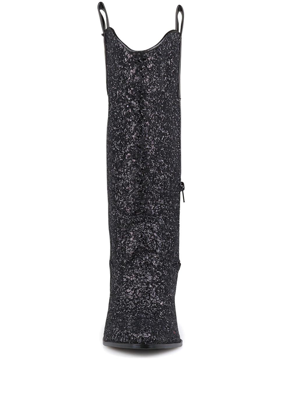 Shimmery black vegan leather and flecked finish women's boots with block heel-front view