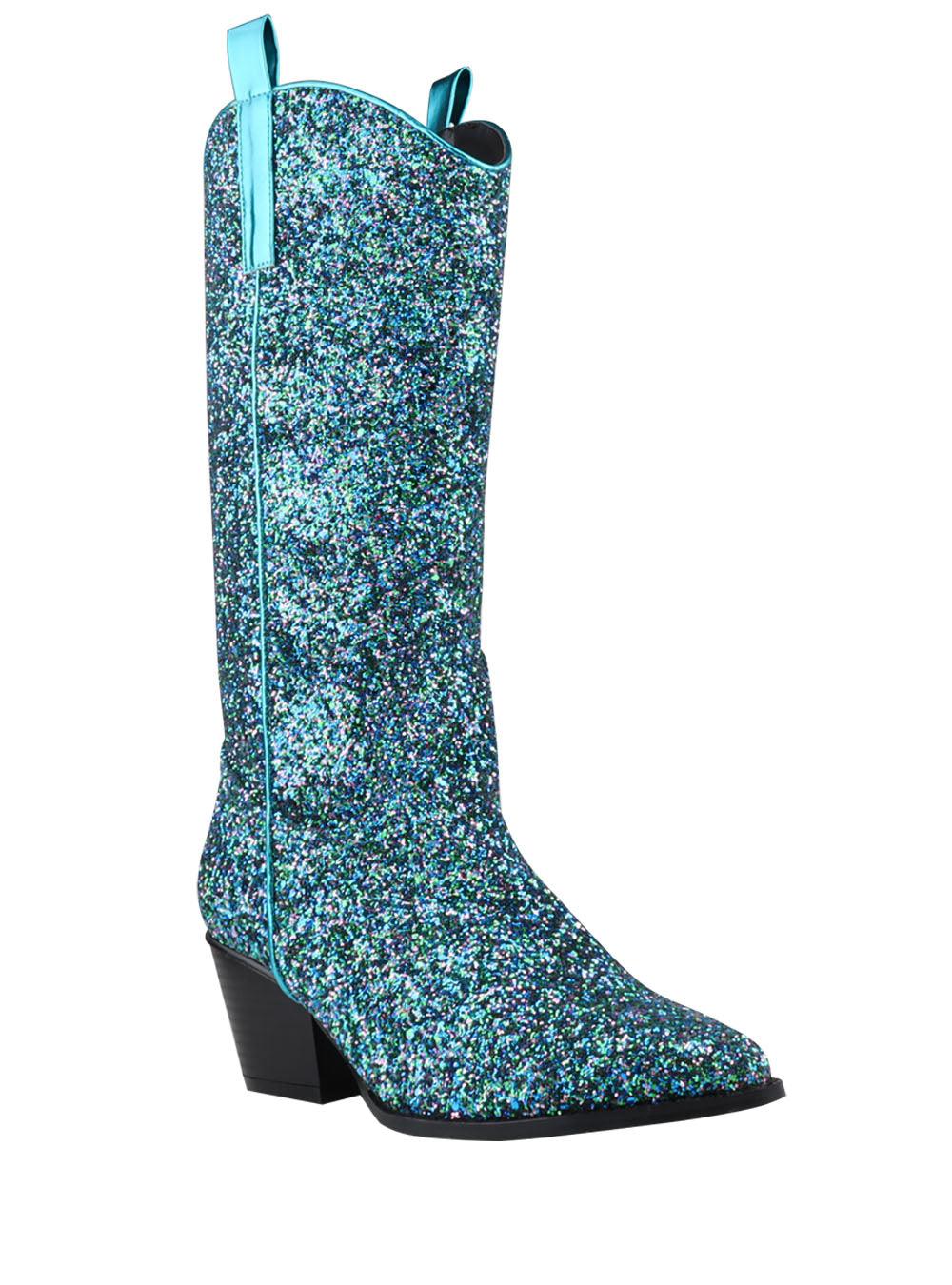 Shimmery peacock shade vegan leather and flecked finish women's boots with block heel-corner view