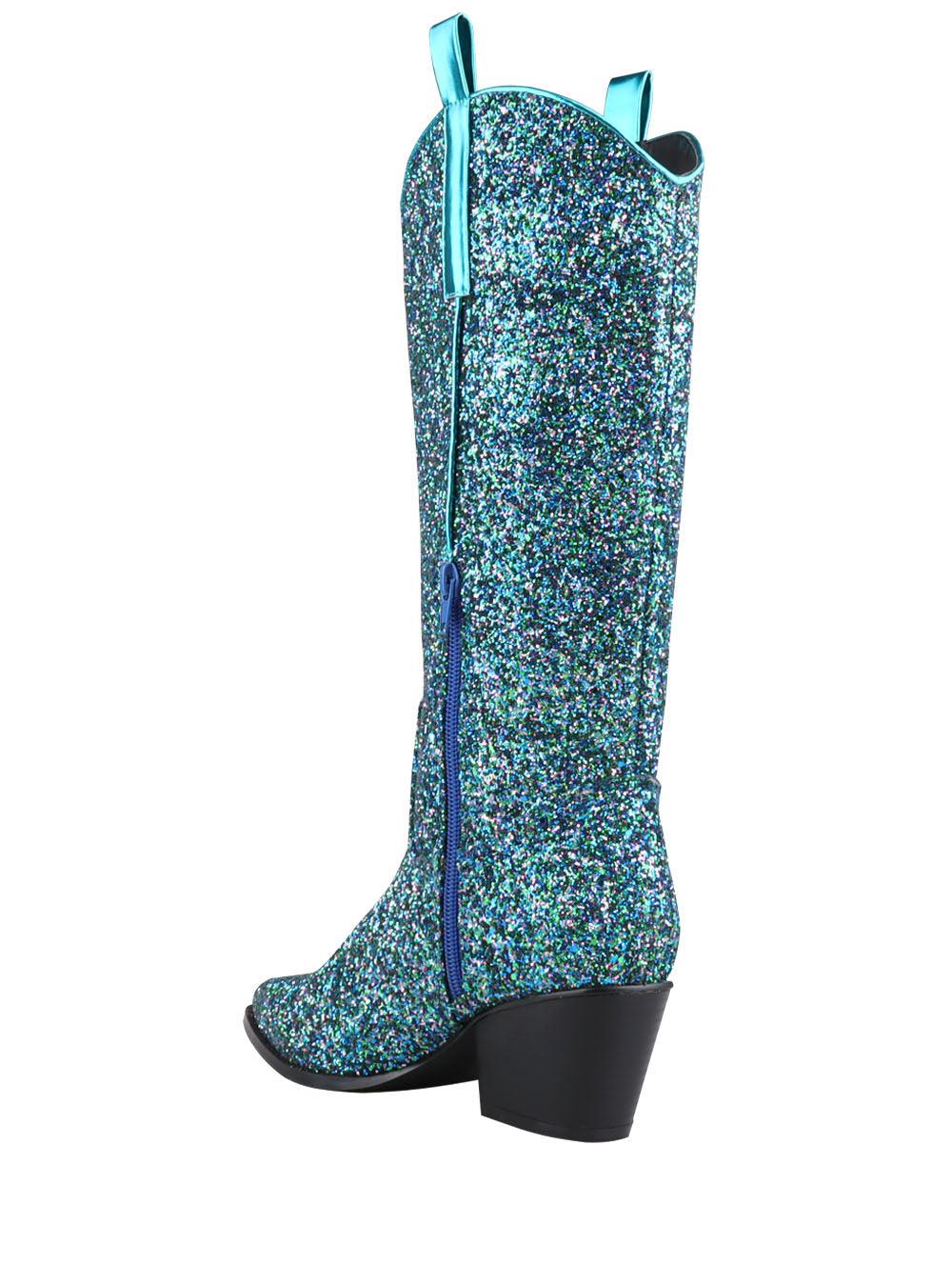 Shimmery peacock shade vegan leather and flecked finish women's boots with block heel-posterior view