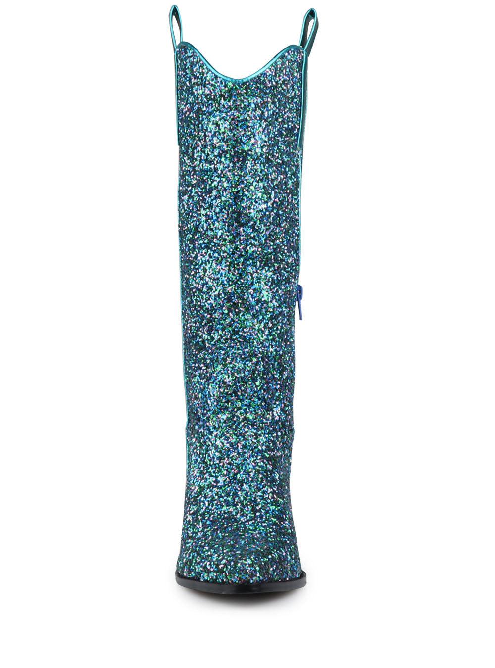 Shimmery peacock shade vegan leather and flecked finish women's boots with block heel-front view