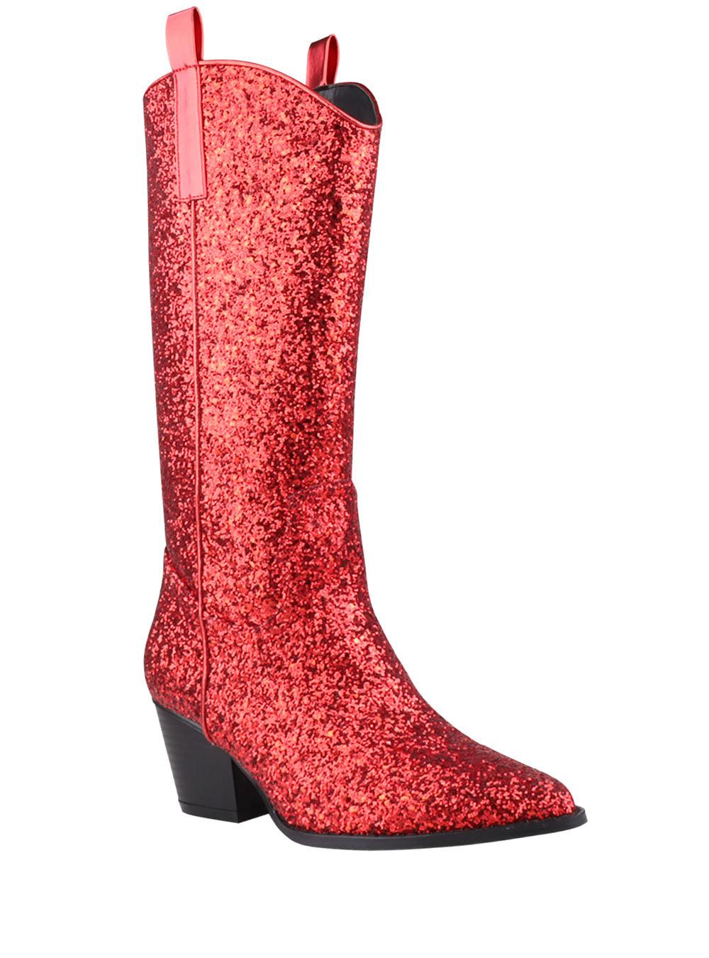 Shimmery red vegan leather and flecked finish women's boots with block heel-corner view