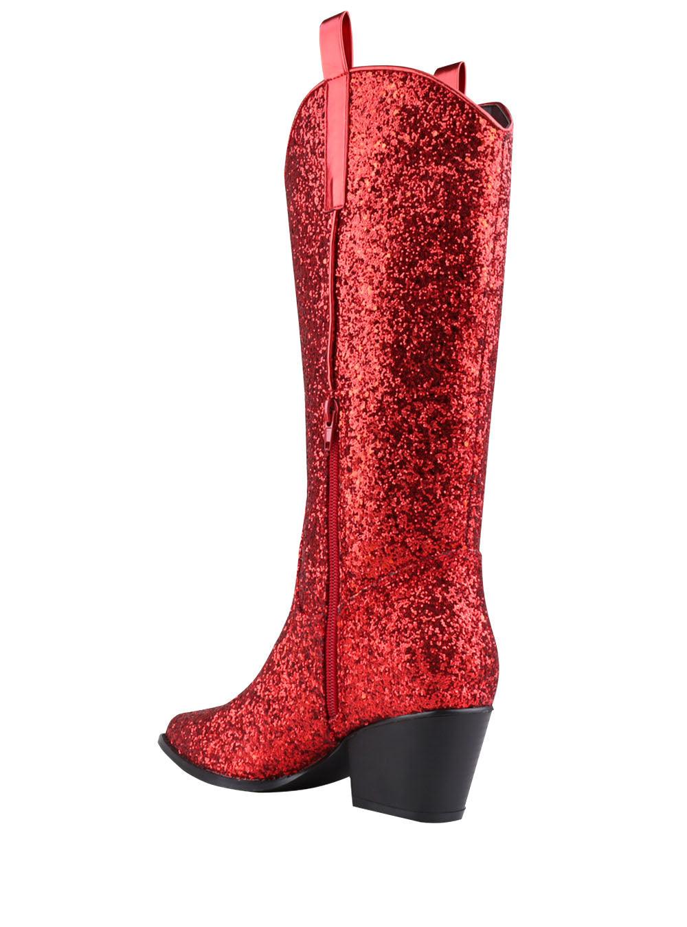 Shimmery red vegan leather and flecked finish women's boots with block heel-posterior view