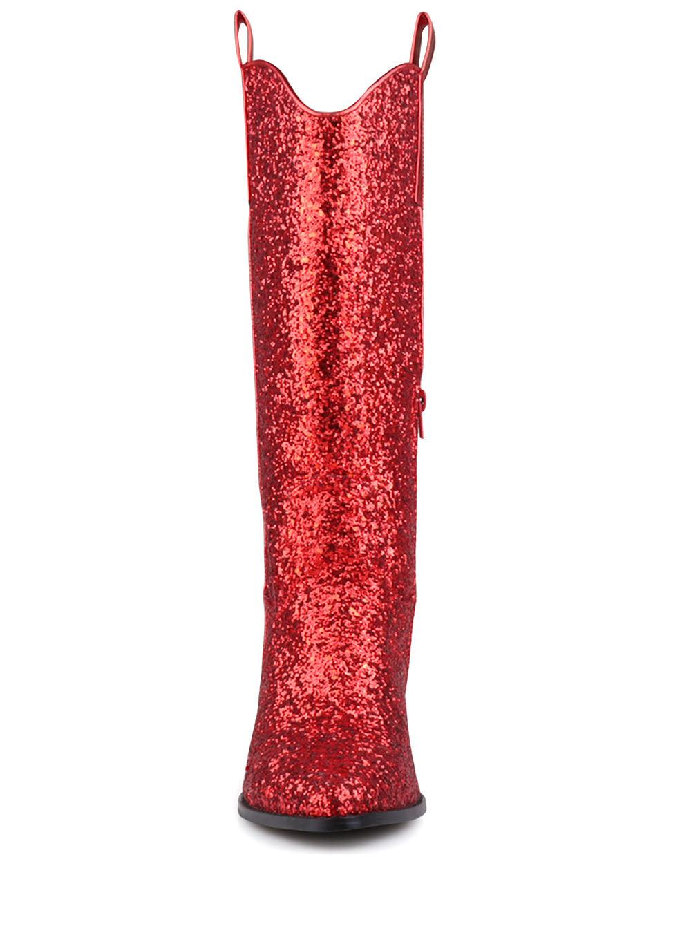 Shimmery red vegan leather and flecked finish women's boots with block heel-front view