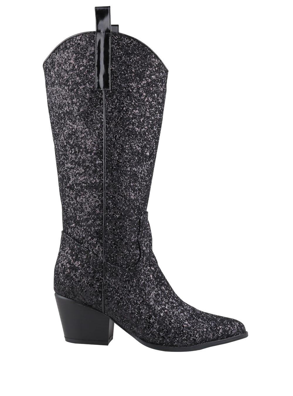 Shimmery black vegan leather and flecked finish women's boots with block heel-side view