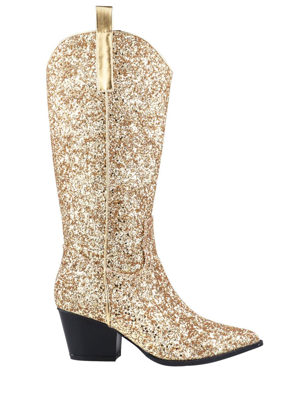 Shimmery gold vegan leather and flecked finish women's boots with block heel-side view