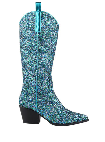 Shimmery peacock shade vegan leather and flecked finish women's boots with block heel-side view