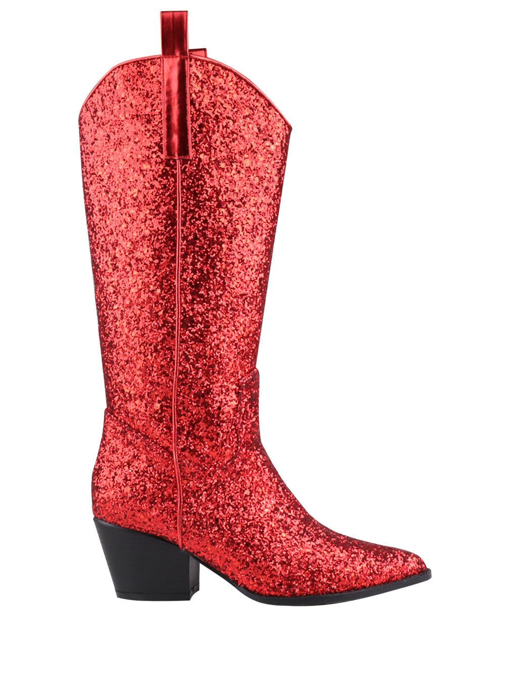 Shimmery red vegan leather and flecked finish women's boots with block heel-side view