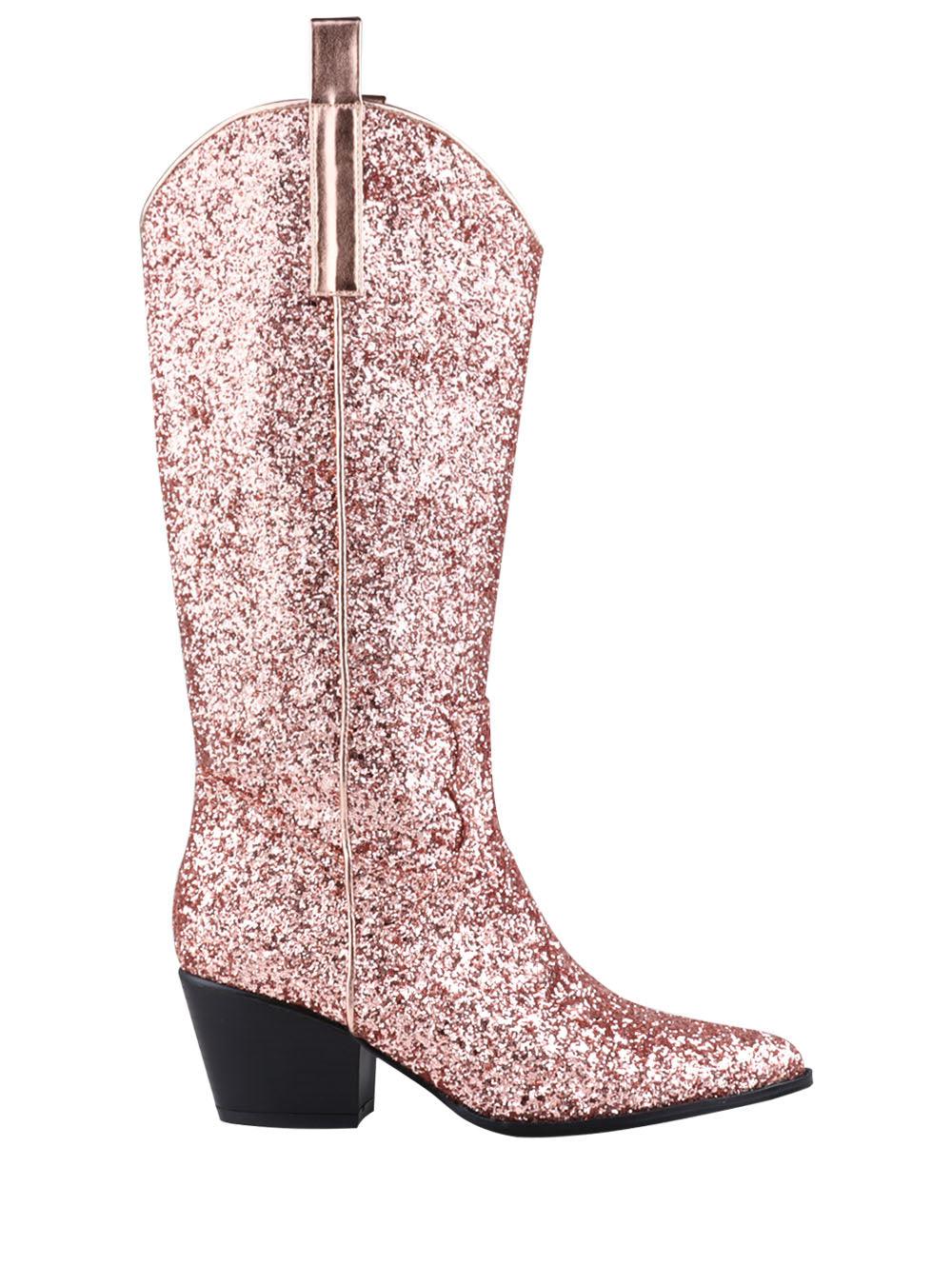 Shimmery rose gold vegan leather and flecked finish women's boots with block heel-side view