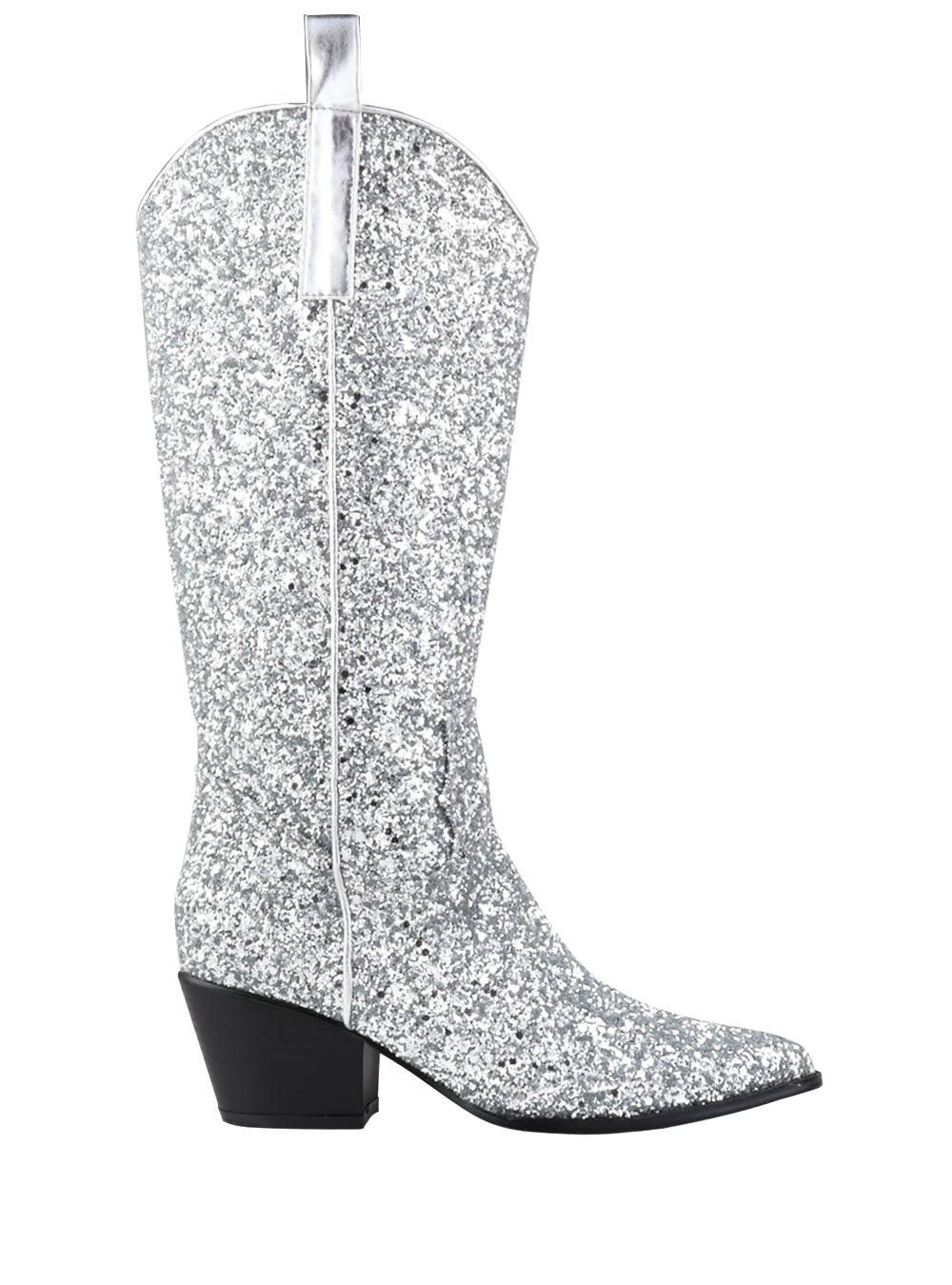 Shimmery silver vegan leather and flecked finish women's boots with block heel-side view