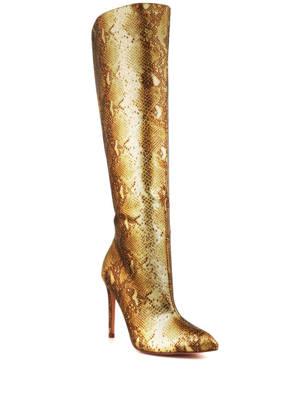 Gold snake print vegan leather long women's heel-corner view