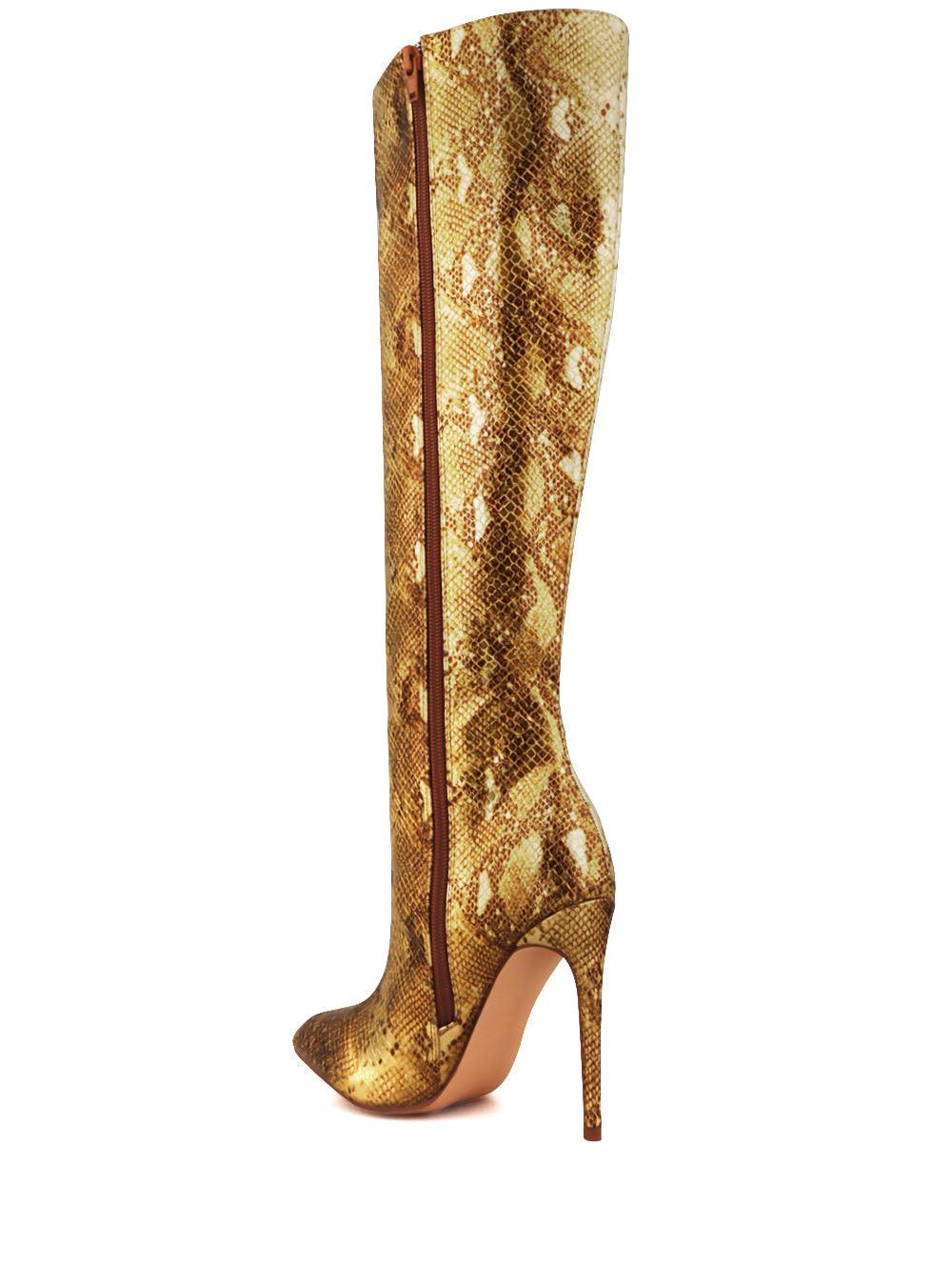 Gold snake print vegan leather long women's heel-posterior view