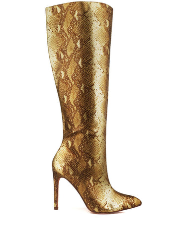Gold snake print vegan leather long women's heel-side view