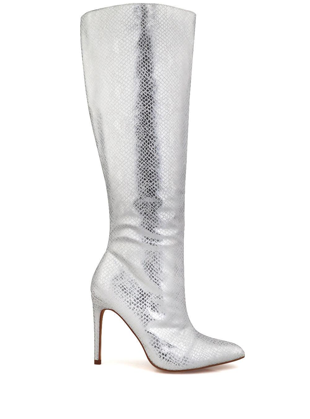 Silver snake print vegan leather long women's heel-side view