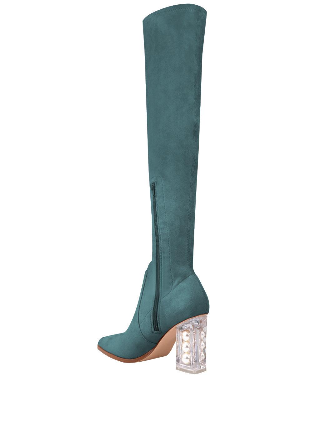 Teal coloured high knee suede women's heel-posterior view