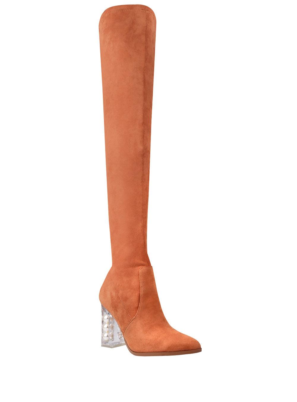 Tan toned high knee suede women's heel-corner view