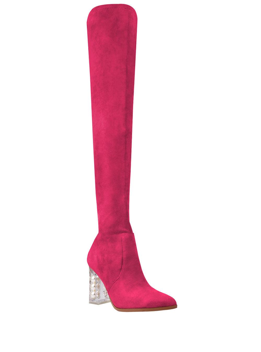 Fuchsia coloured high knee suede women's heel-corner view