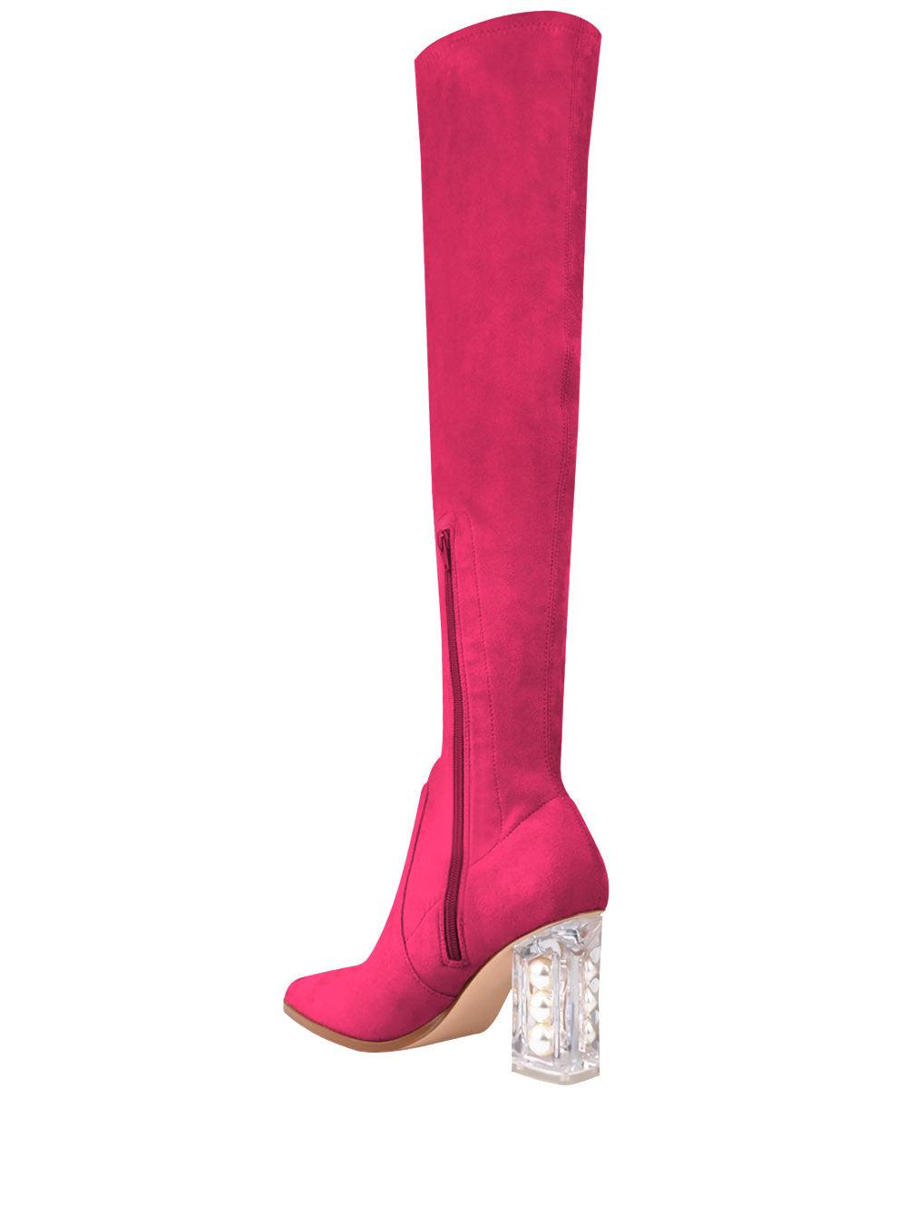 Fuchsia coloured high knee suede women's heel-posterior view