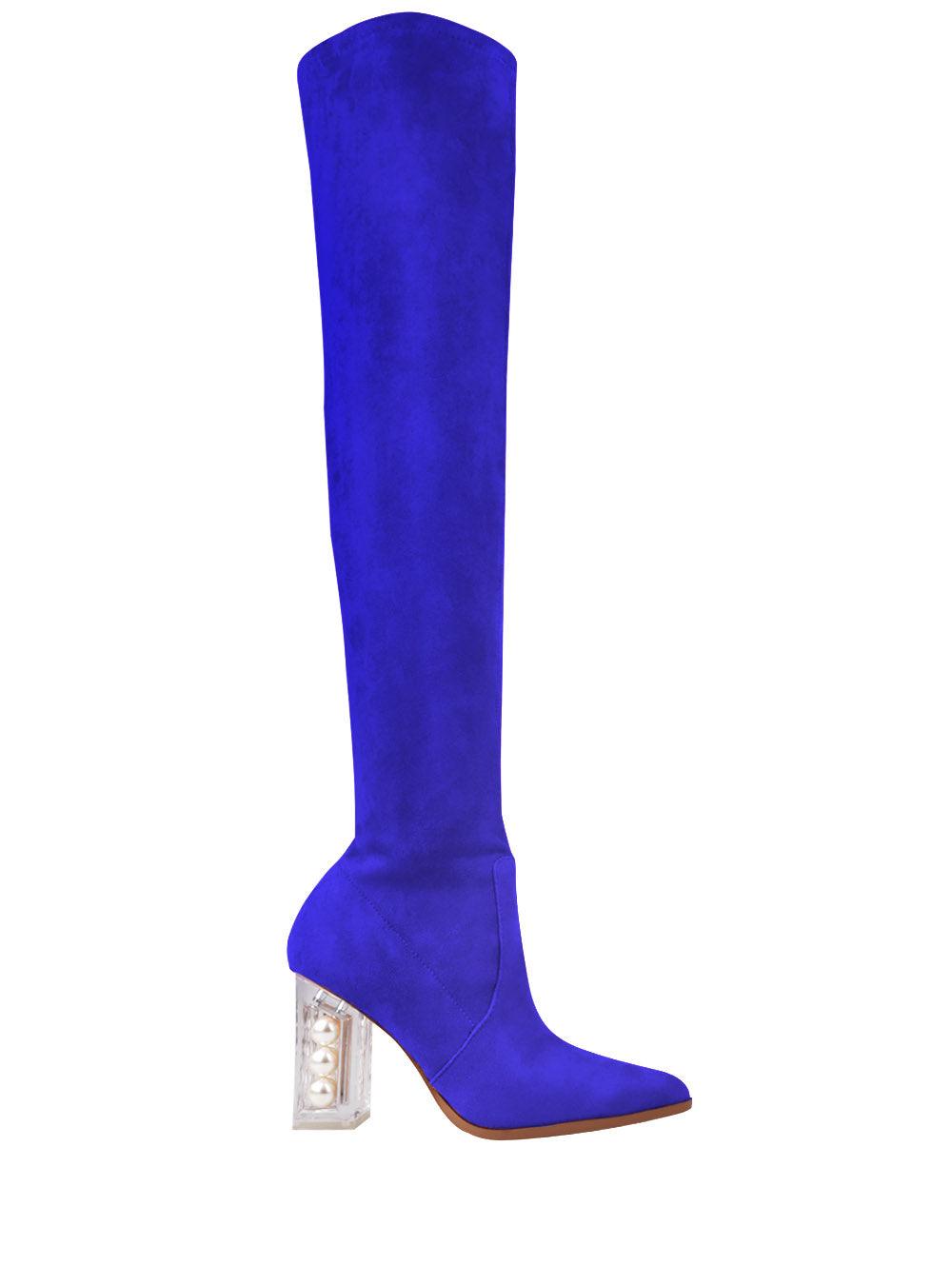 High knee suede women's heel in cobalt-side view