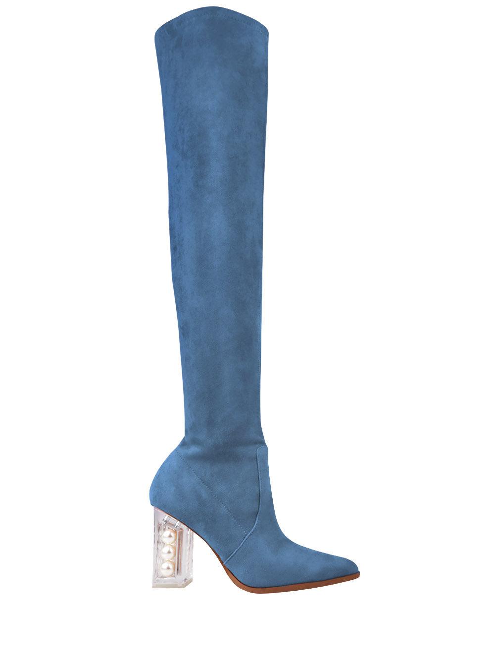 Denim toned high knee suede women's heel-side view