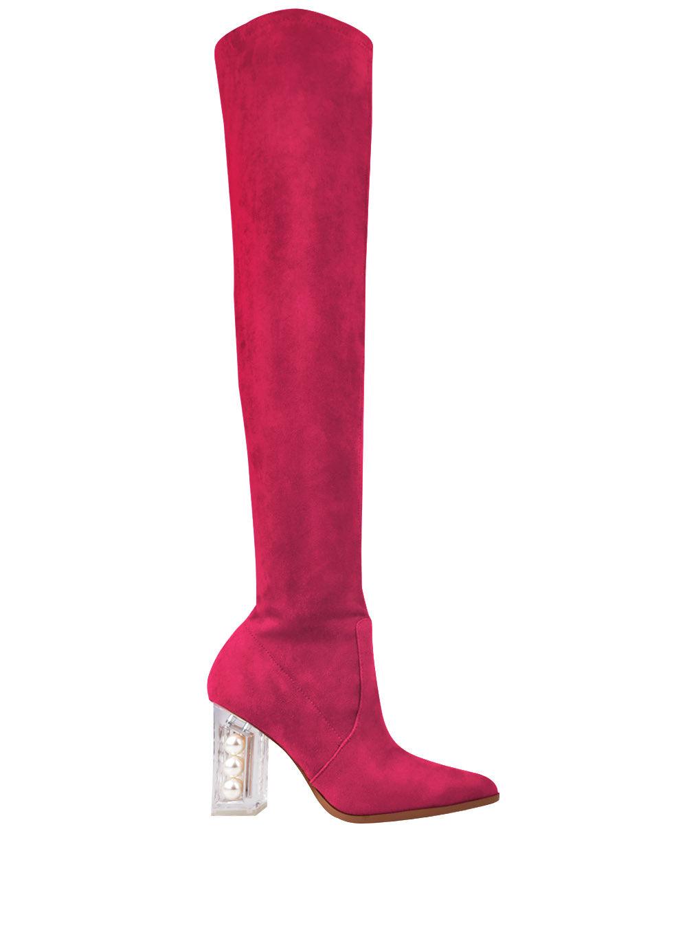 Fuchsia coloured high knee suede women's heel-side view