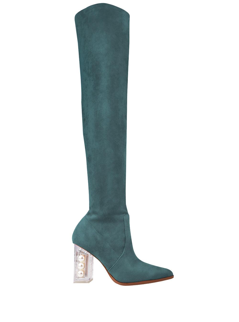 Teal coloured high knee suede women's heel-side view