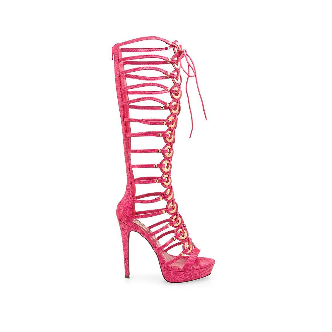 Fuchsia coloured leatherette knee high cage women heels