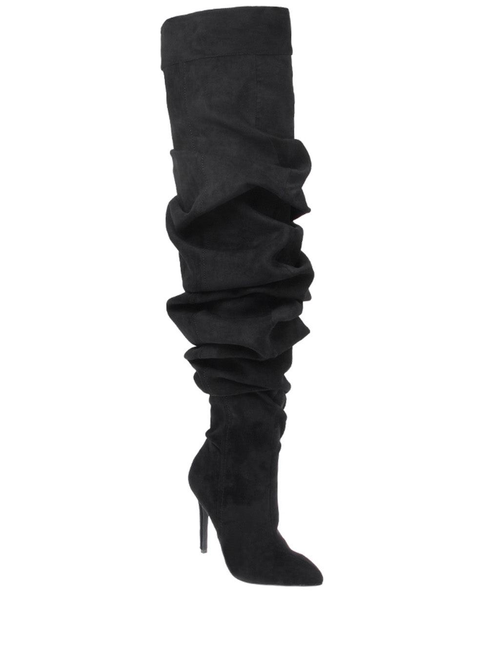 Suede thigh high women's boots with heel in black-corner view