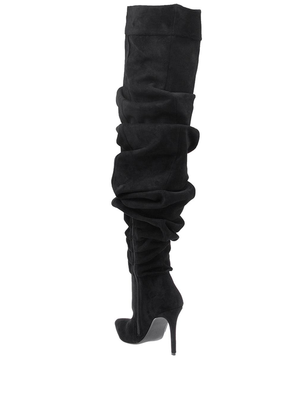 Suede thigh high women's boots with heel in black-posterior view