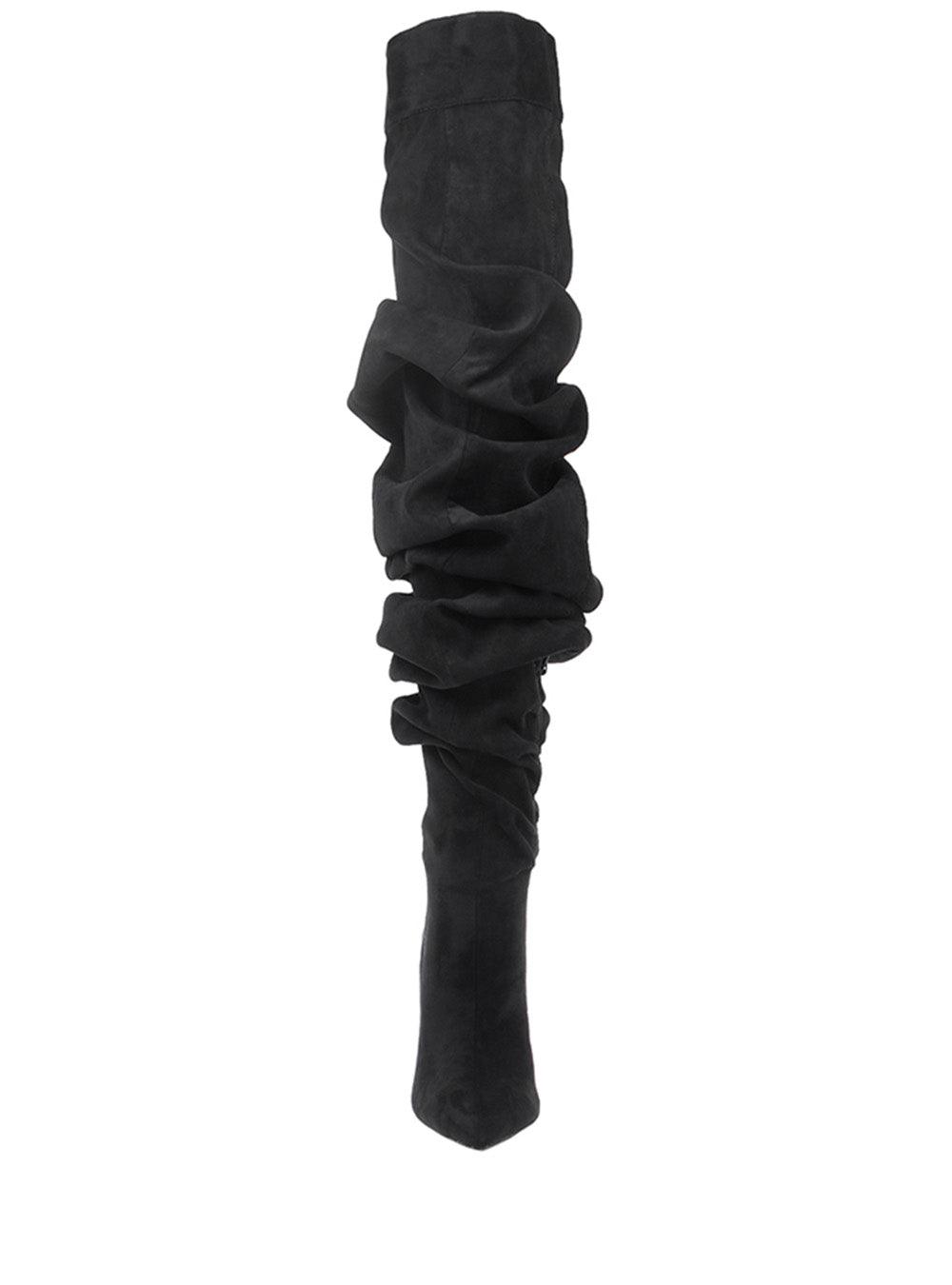 Suede thigh high women's boots with heel in black-front view