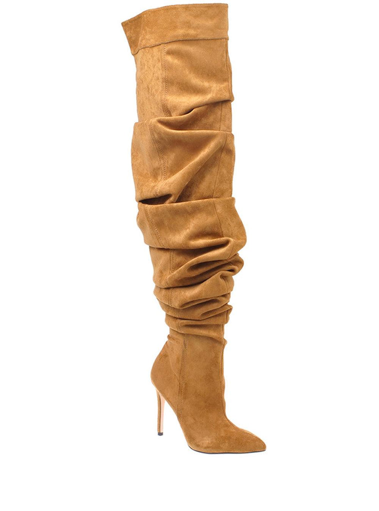 Cognac coloured suede thigh high women's boots with heel-corner view