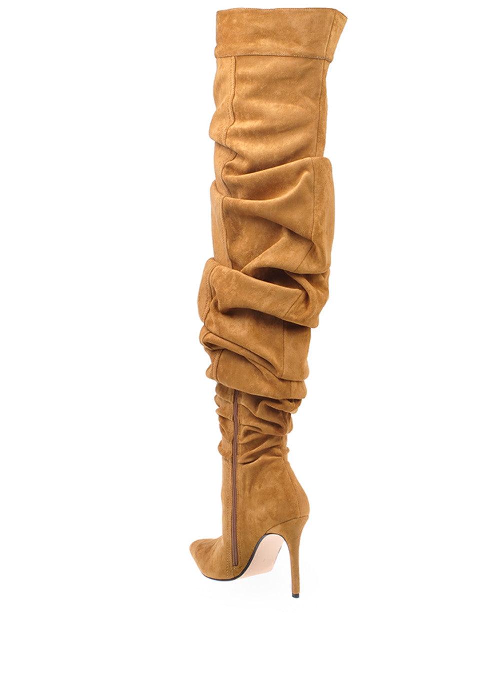 Cognac coloured suede thigh high women's boots with heel-posterior view