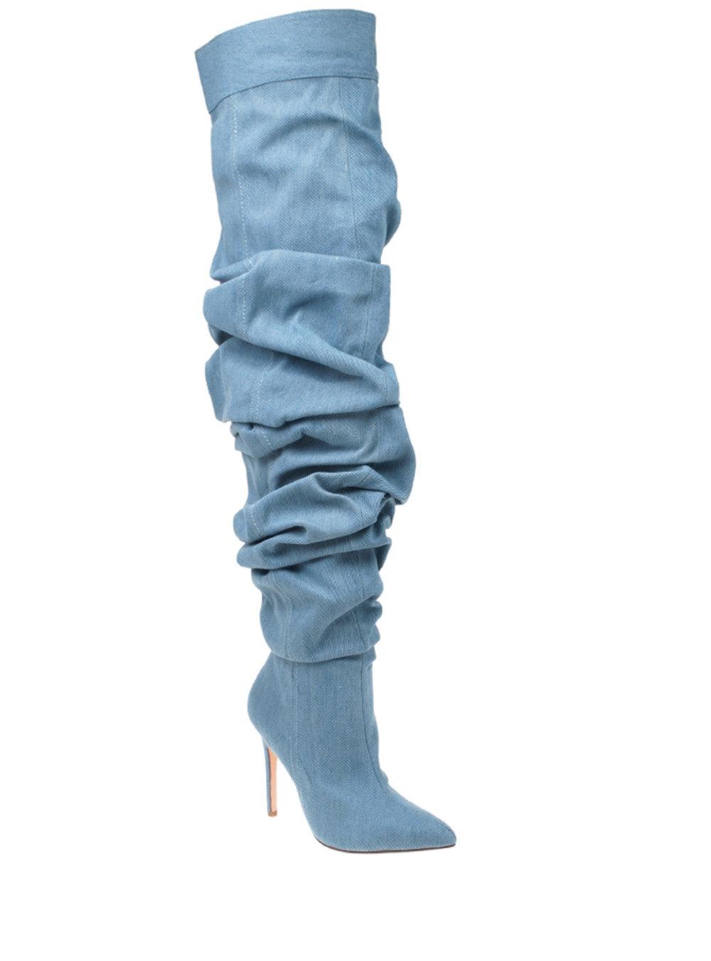 Denim shade suede thigh high women's boots with heel-corner view