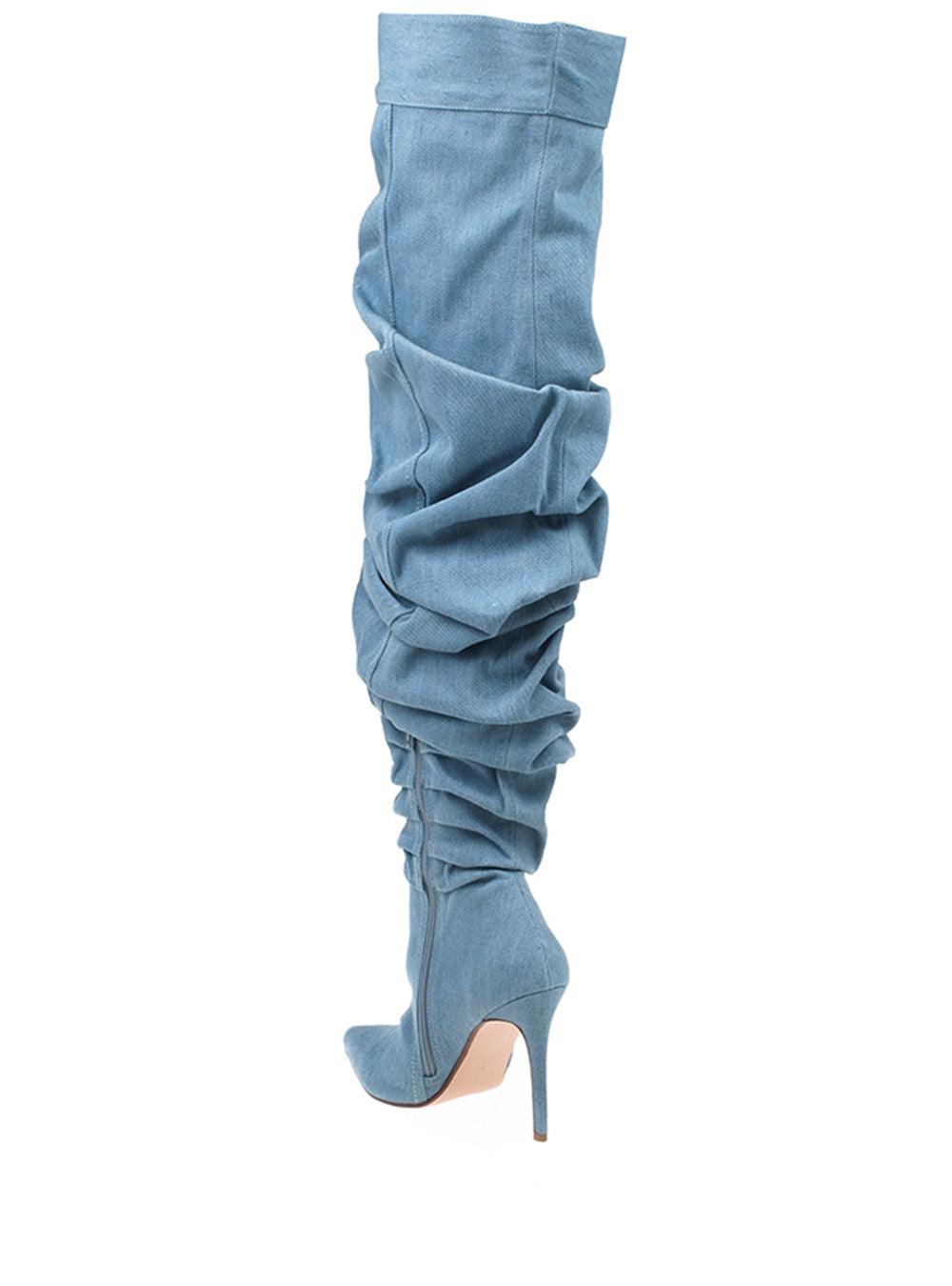 Denim shade suede thigh high women's boots with heel-posterior view