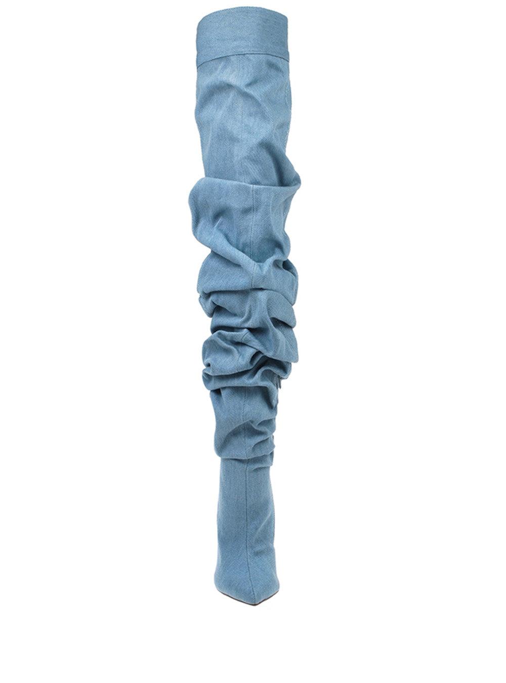 Denim shade suede thigh high women's boots with heel-front view