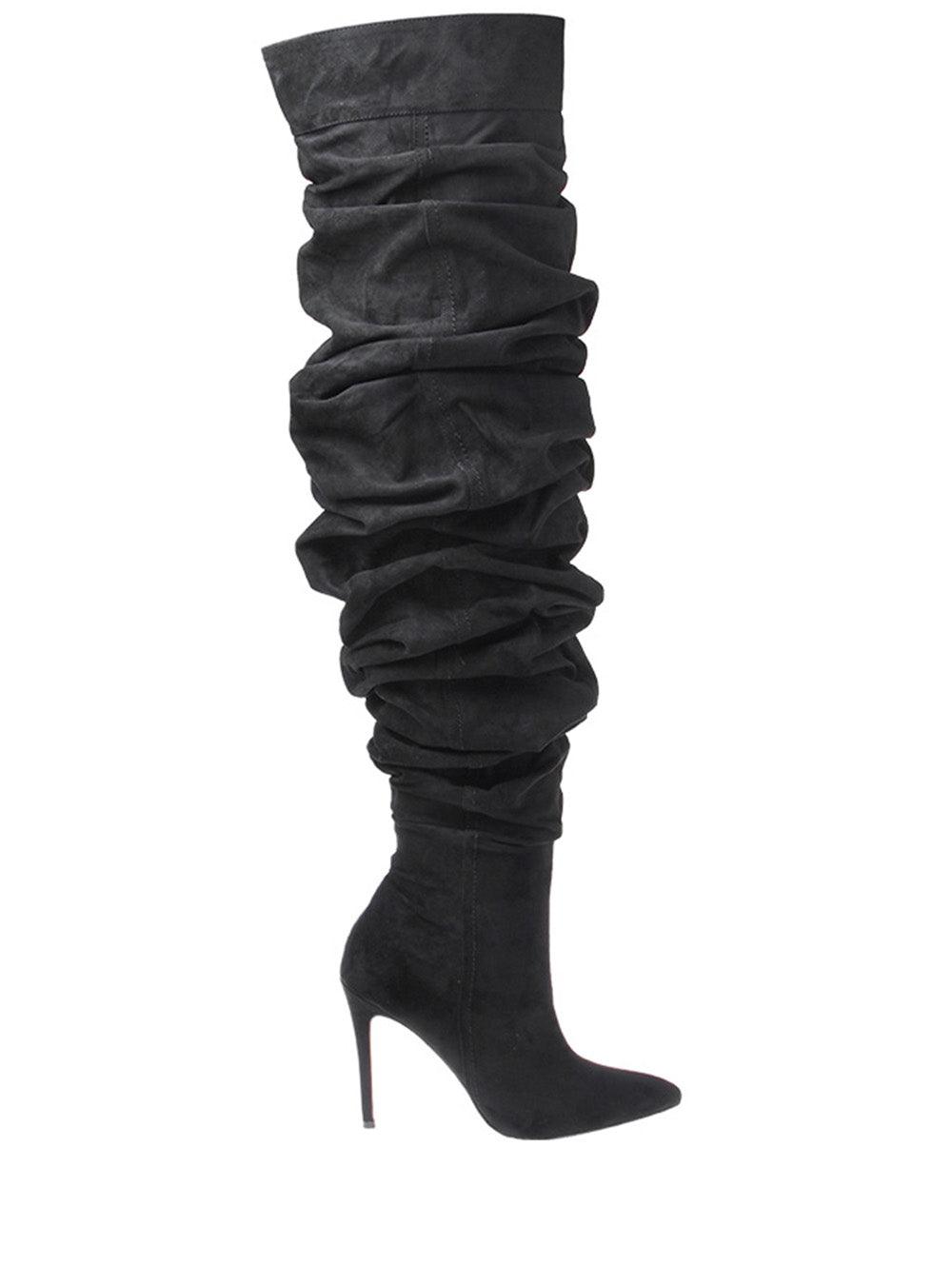 Suede thigh high women's boots with heel in black-side view