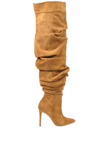 Cognac coloured suede thigh high women's boots with heel-side view