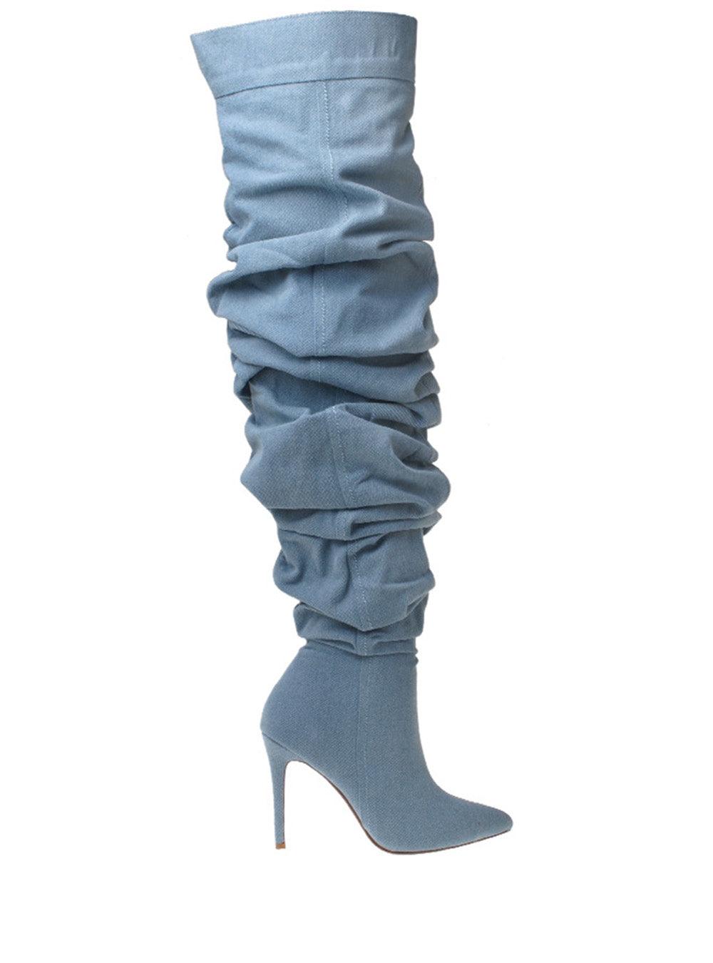 Denim shade suede thigh high women's boots with heel-side view