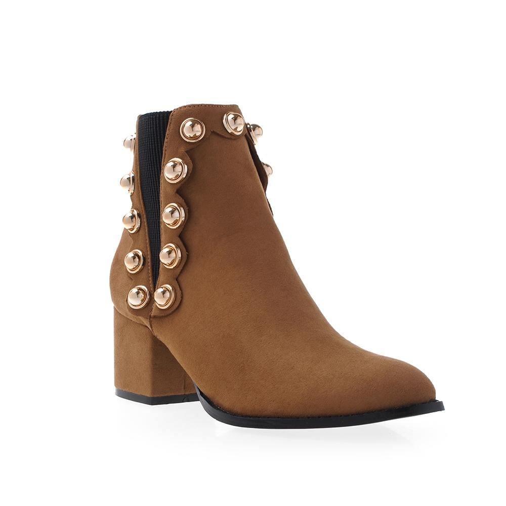 tan color ankle boots with beads pattern on side - corner view