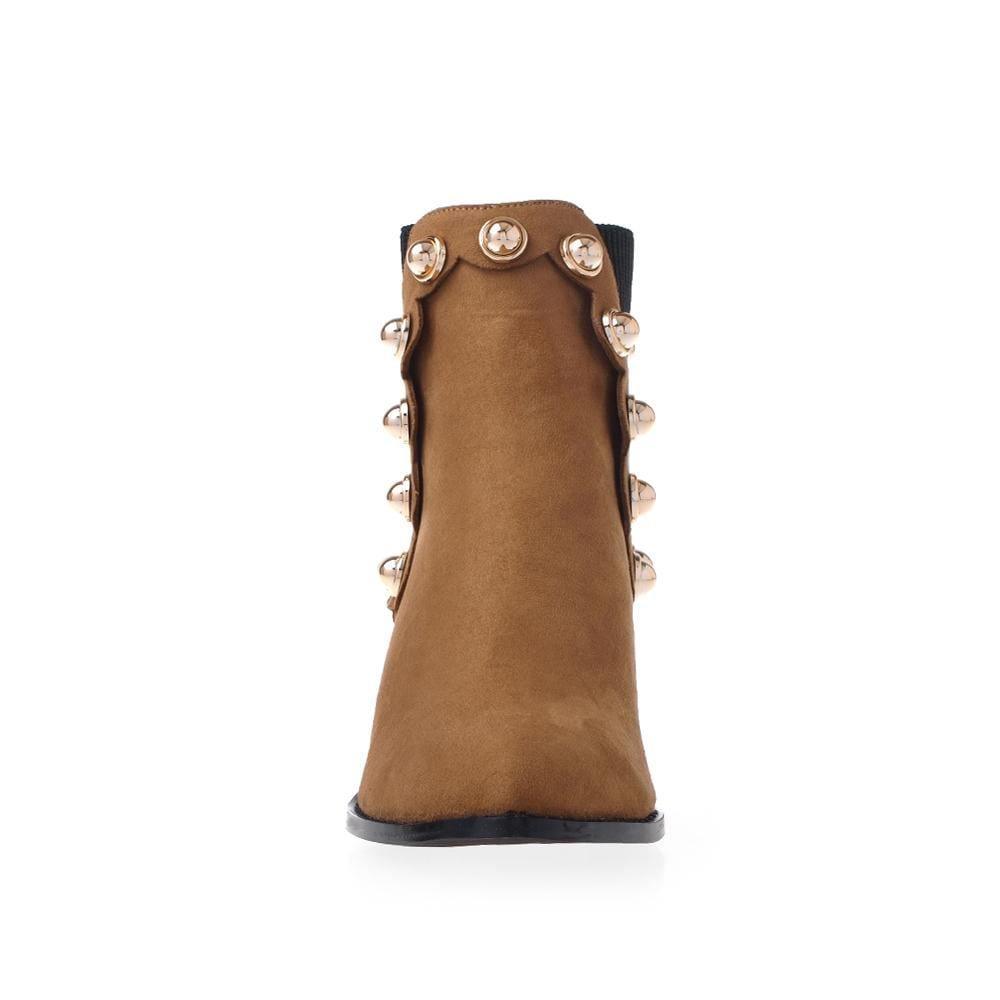 tan color ankle boots with beads pattern on side - front view