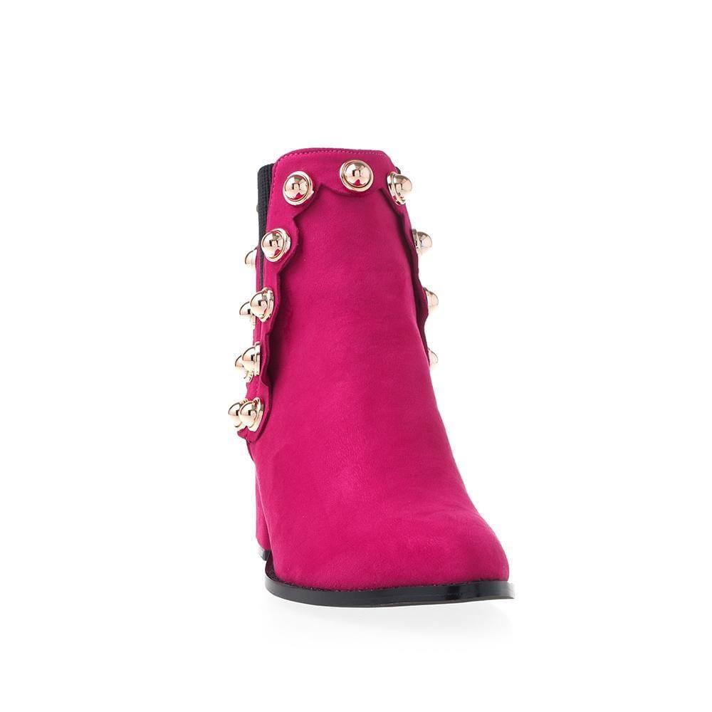 fuchsia women ankle boots with beads design - front view