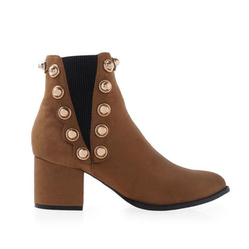 tan color ankle boots with beads pattern on side - side view