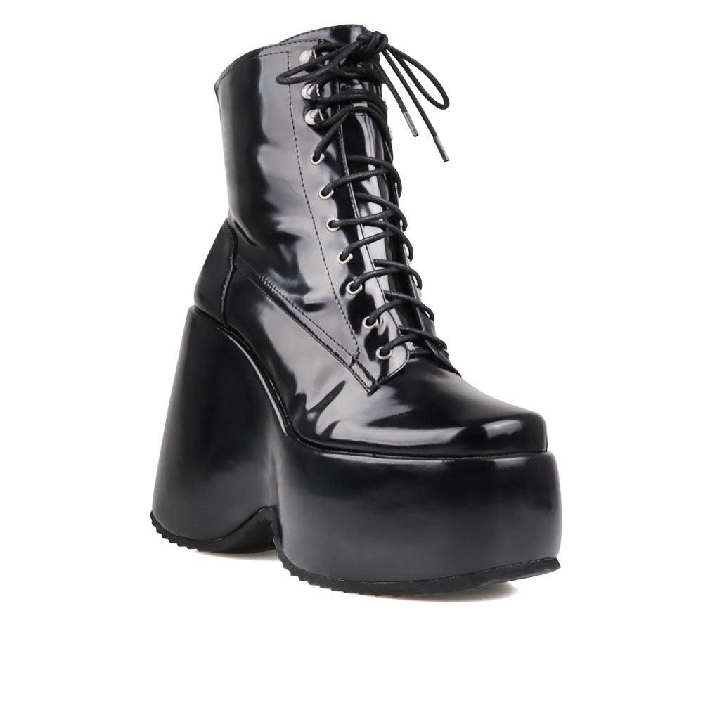 Leather black platform with black laces - corner view