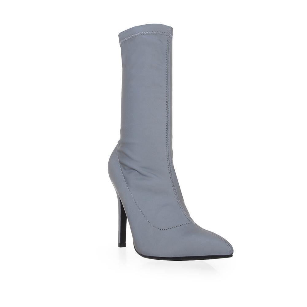 Women's silver ankle boot shoes with a back zipper - corner view